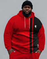 Large Size Men's Autumn And Winter Warm Cold-proof Gentleman Red & Black Chest Pony Kangaroo Large Pocket Hoodie Sweatpants Set